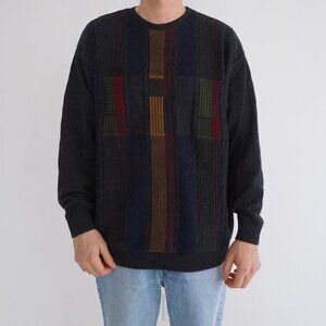 Vintage Tosani Grey Colourblock Textured Knit Panel Pattern Biggie Sweater XL